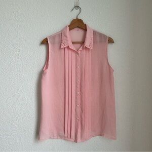 TNY POK Korean brand pink chiffon sleeveless button down eyelet embroidery